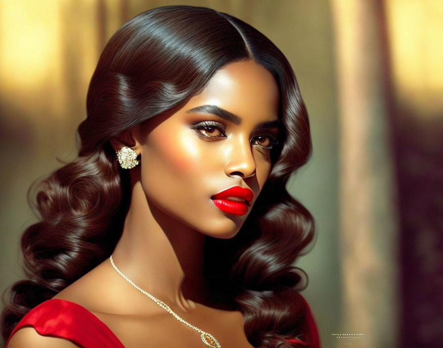 Digital artwork: Woman with glamorous makeup, wavy hair, red lipstick, and elegant jewelry in classic