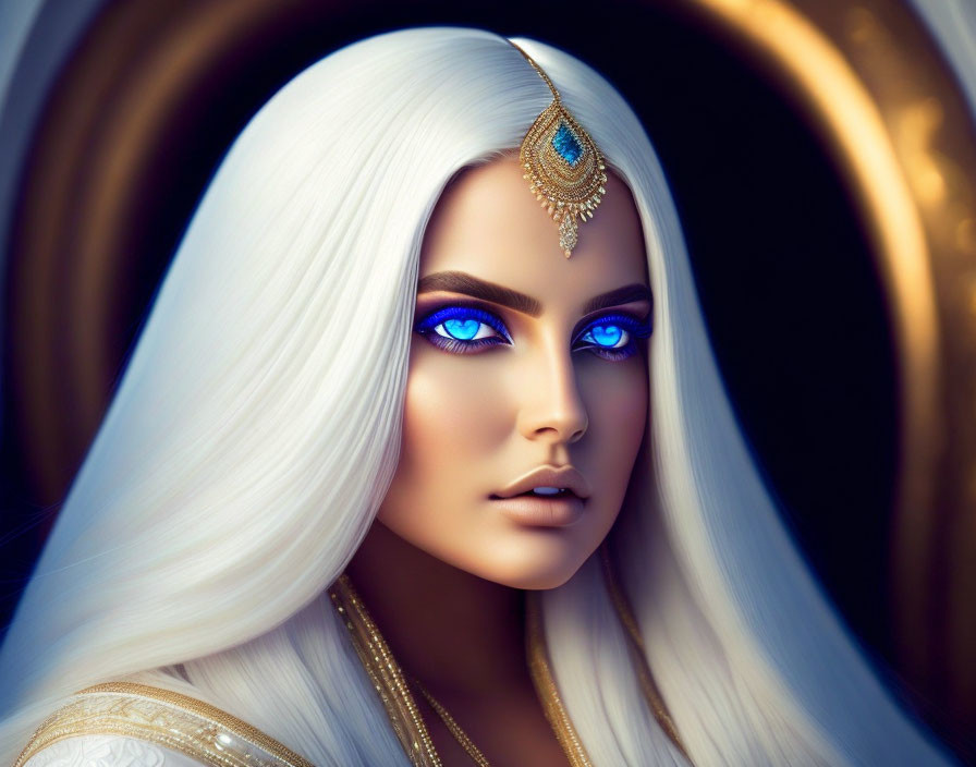 Digital illustration: Woman with blue eyes, white hair, golden headpiece