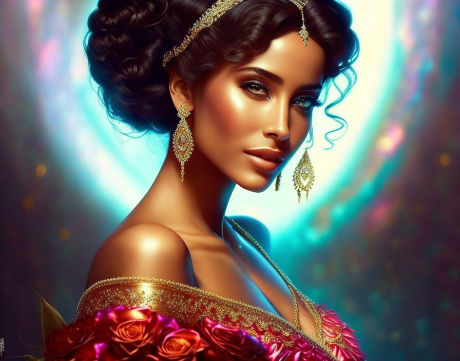 Detailed Illustration of Woman with Dark Hair and Blue Eyes in Golden Jewelry Holding Red Roses on Sparkling