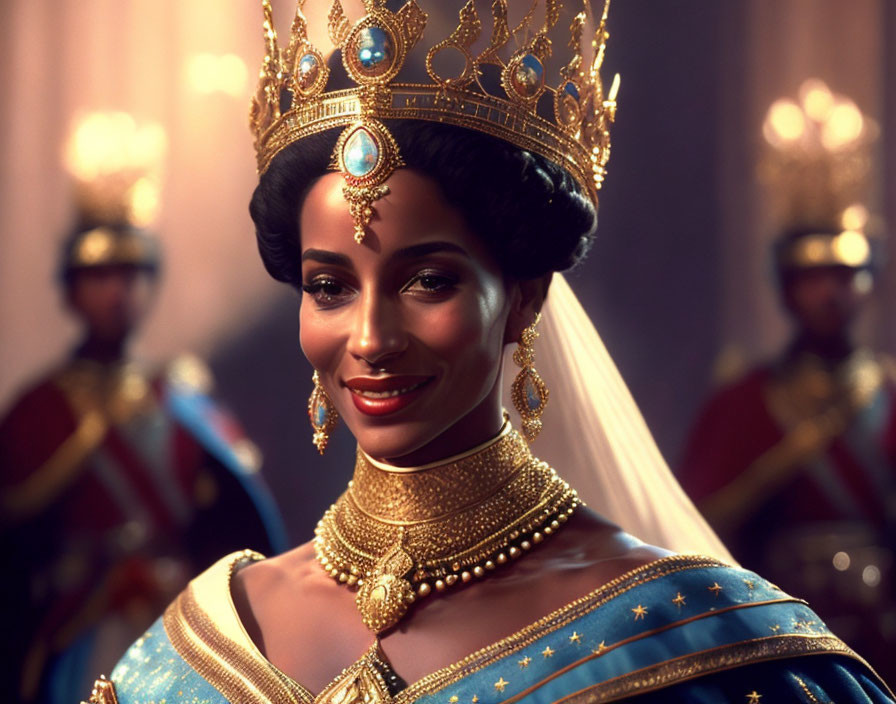 Regal woman in golden crown and blue royal attire with soldiers.