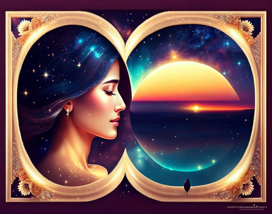 Digital artwork: Woman's profile in heart shape with cosmic sunset scene