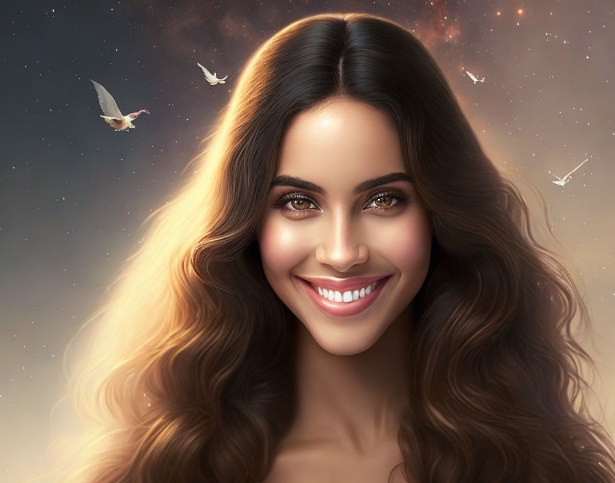 Smiling woman with wavy hair in starry sky setting