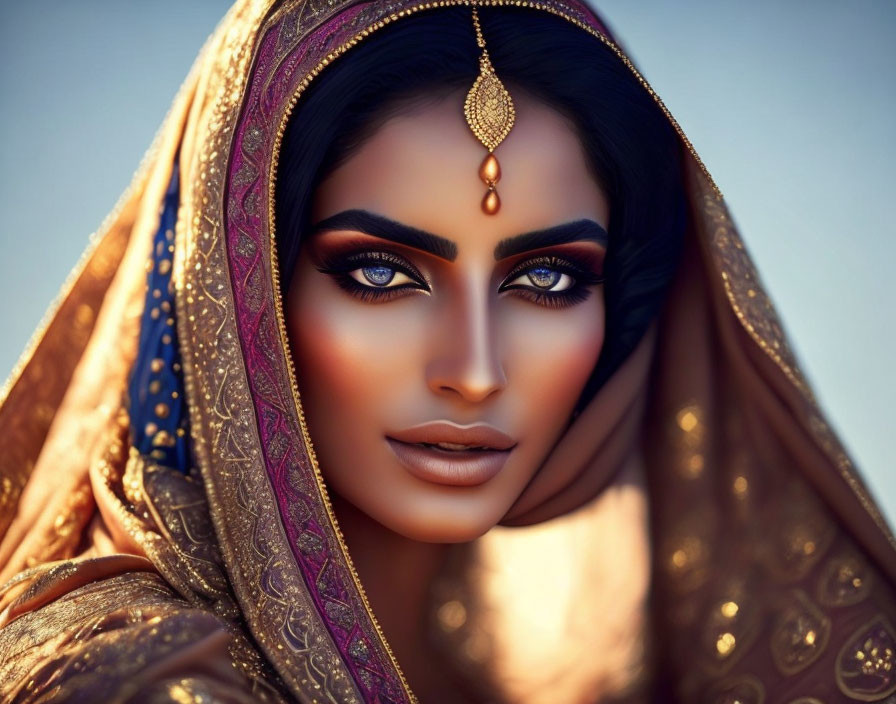 Intense gaze of woman in purple and gold headscarf