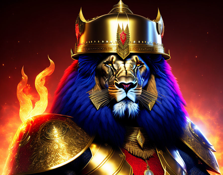 Regal lion with blue mane in crown and armor against fiery background