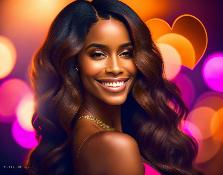 Radiant woman with flowing hair on colorful background