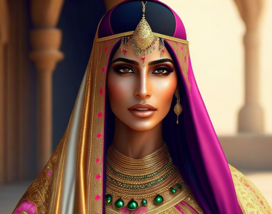 Woman in Striking Makeup in Purple and Gold Traditional Outfit Against Architectural Backdrop