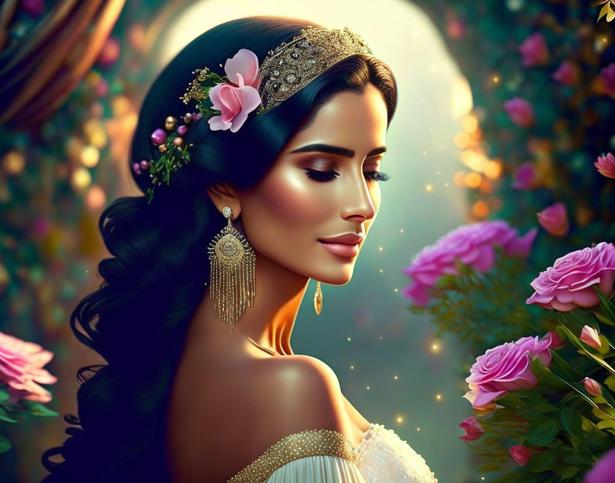 Detailed illustration of elegant woman with floral headpiece, tiara, earrings, surrounded by vibrant flowers.