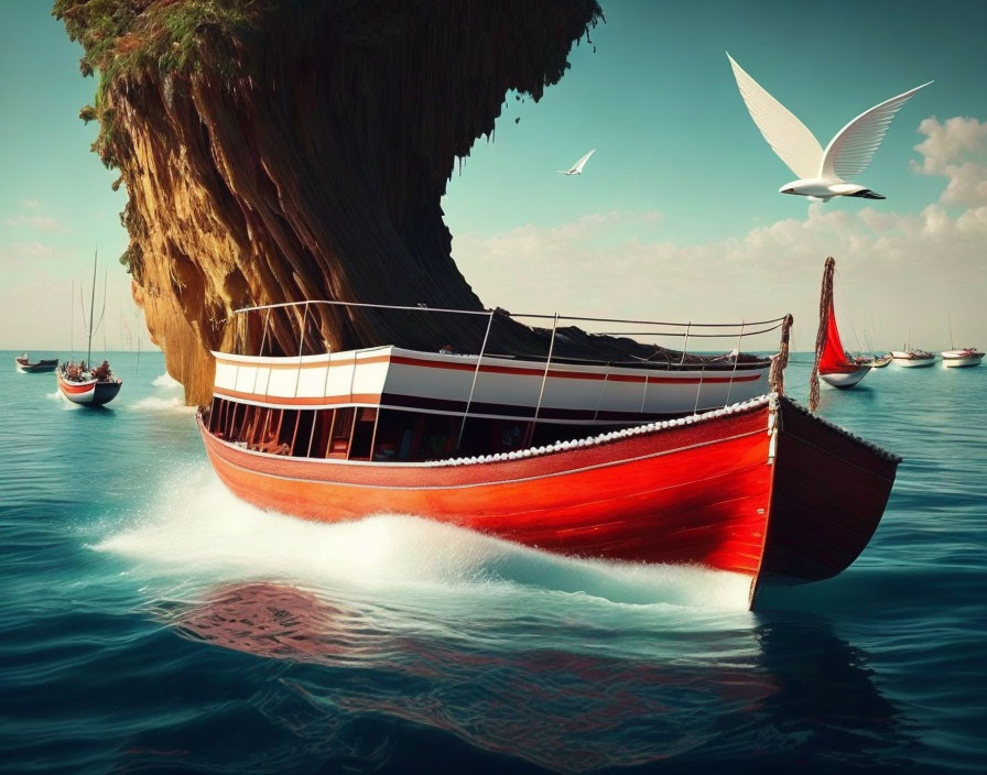 Red and white boat near towering cliff on serene sea with other boats and birds.