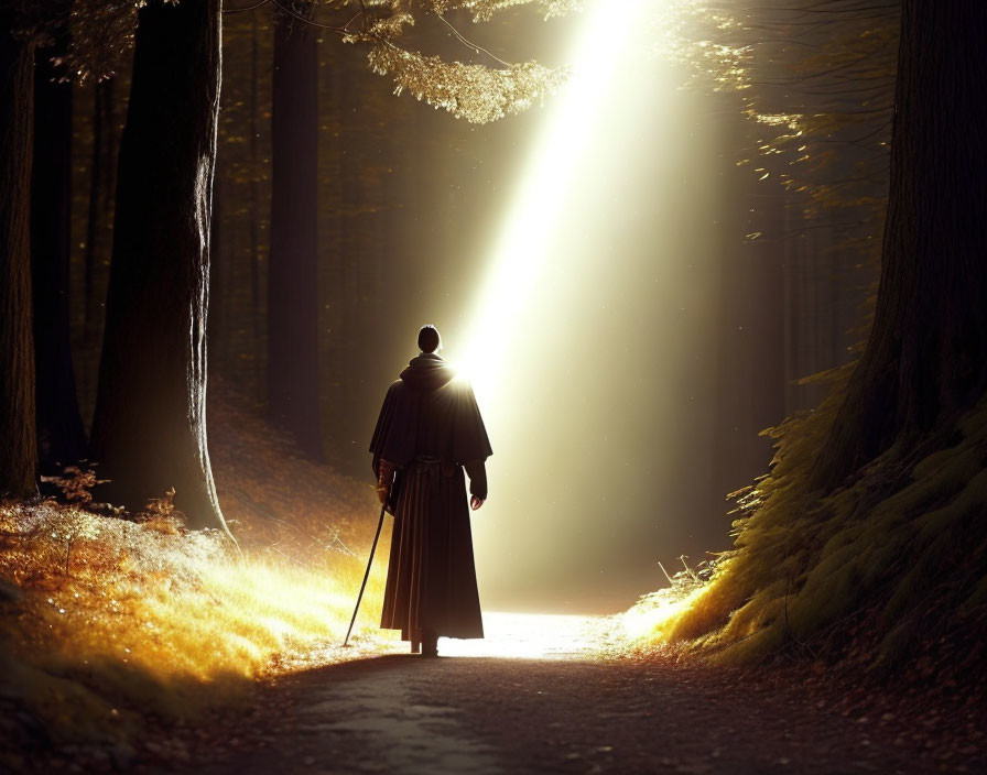 Person walking in forest path under striking sunlight beam