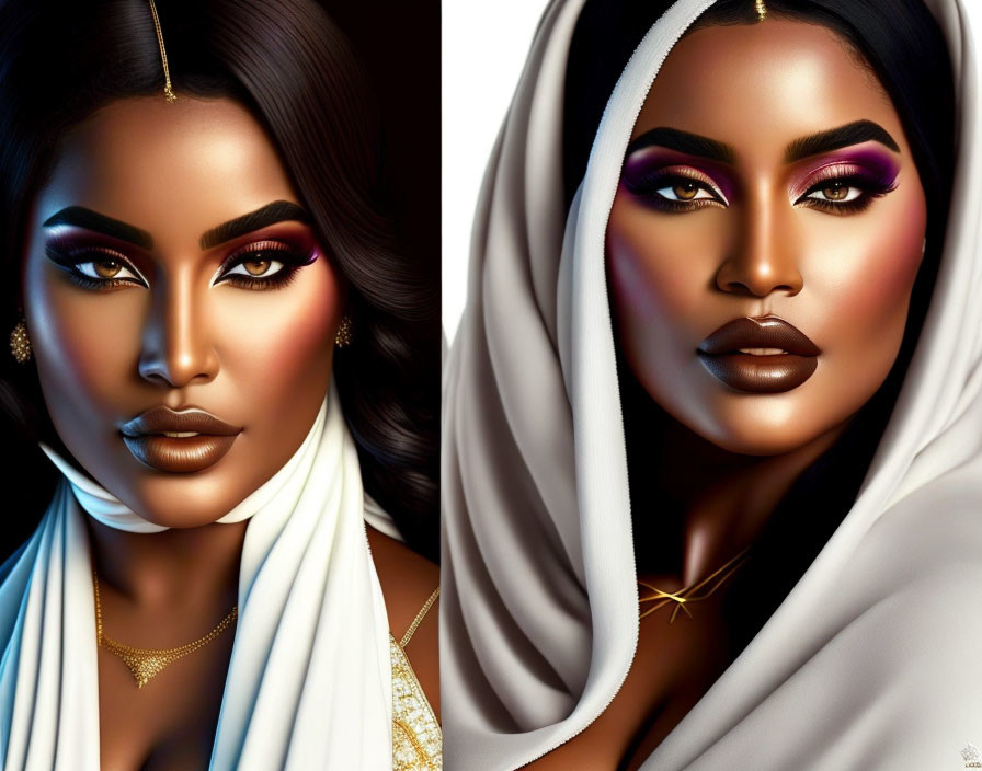 Stylized digital artwork featuring two women with bold makeup and elegant accessories