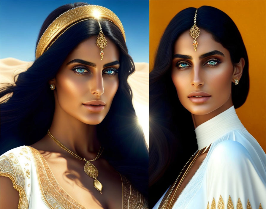 Diptych of Woman with Blue Eyes and Golden Jewelry in Desert