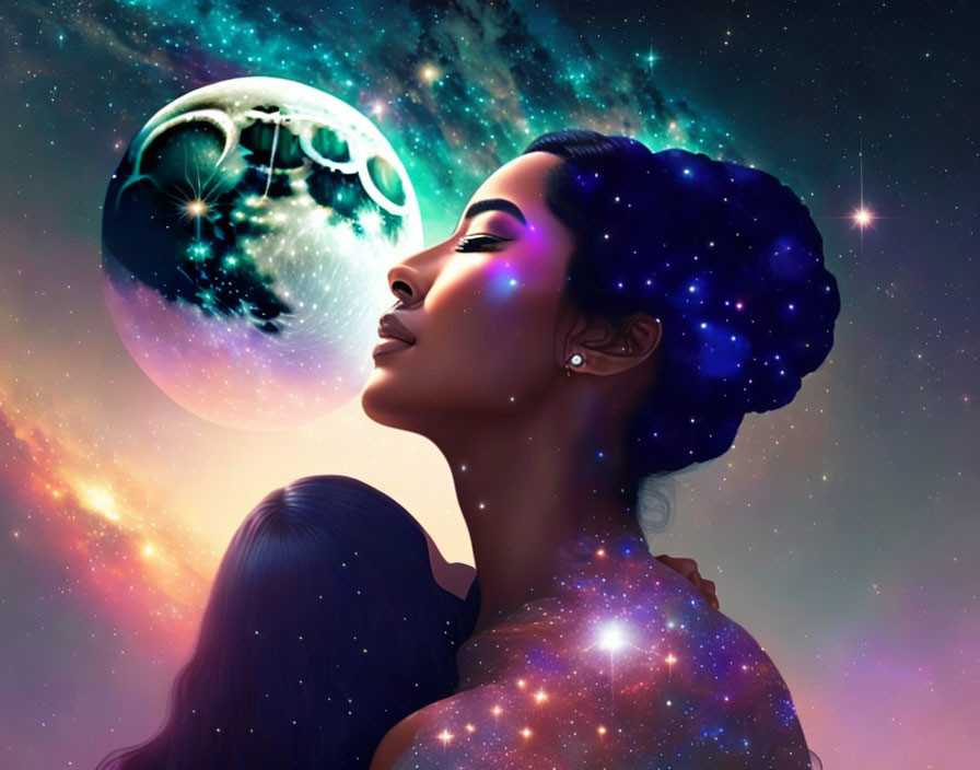 Galaxy-themed hairstyle woman gazing at detailed moon