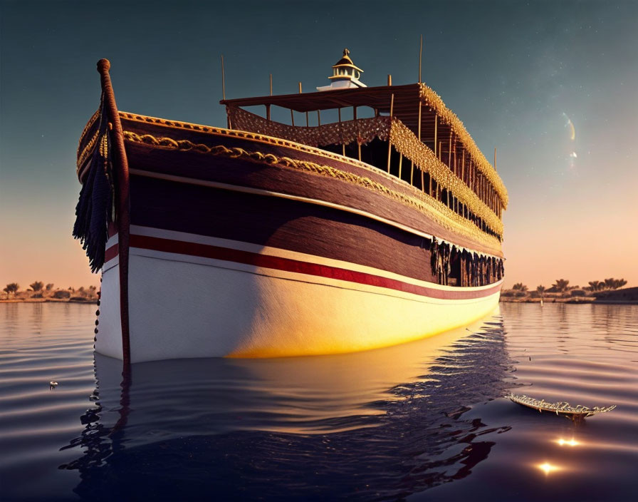 Ancient Egyptian ship on calm waters at dusk