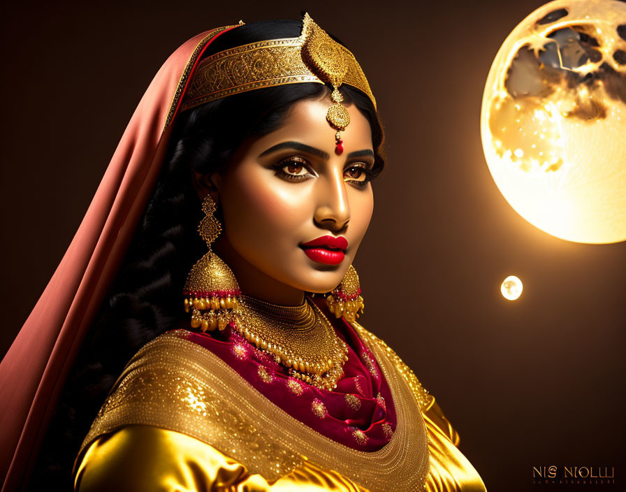 Traditional Indian bridal attire with glowing moon background