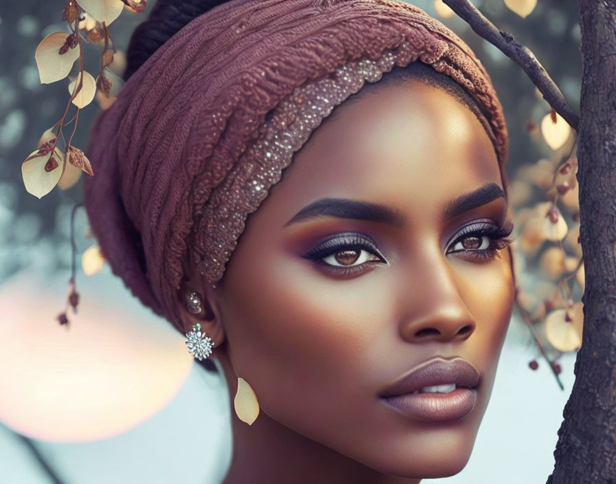 Woman with headscarf and makeup by golden leaf tree