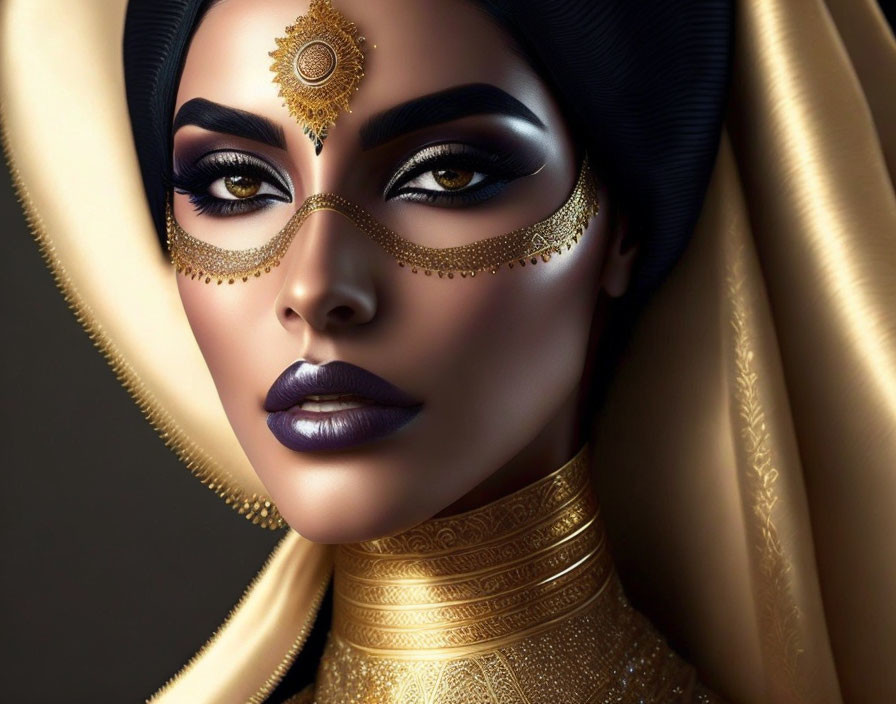 Woman with Dramatic Makeup and Gold Jewelry in Gold Outfit