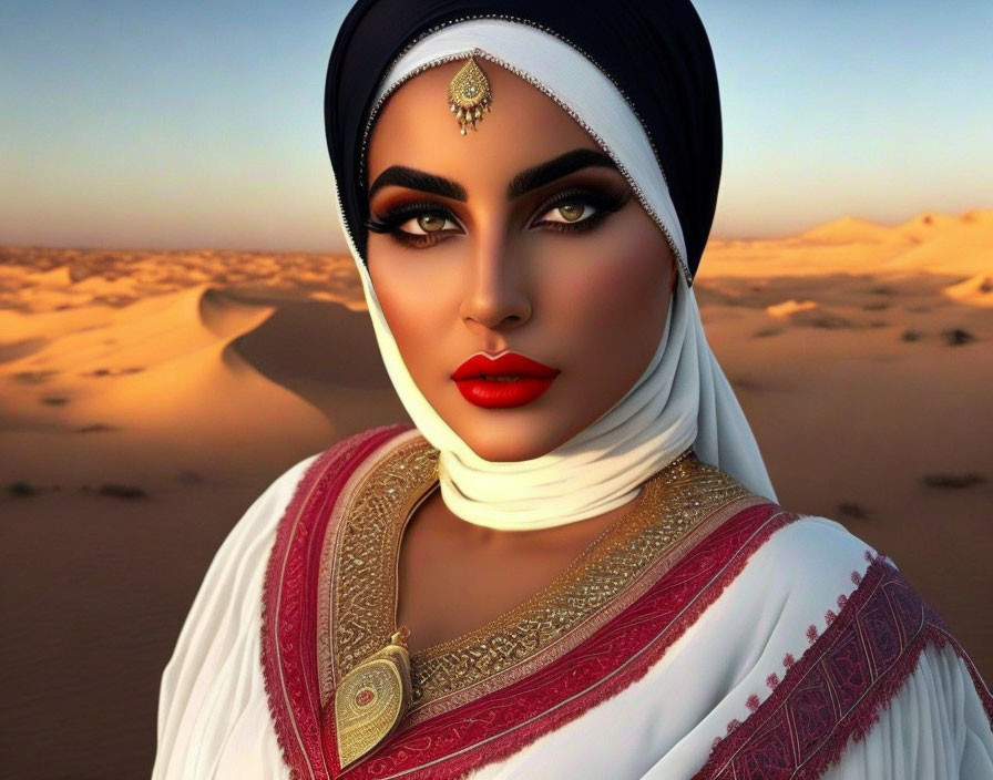 Digital art portrait of woman in traditional attire with striking makeup in desert.