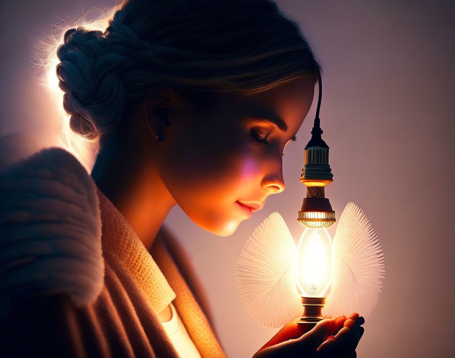 Woman with braided updo admires glowing light bulb with feathered wing structure attached