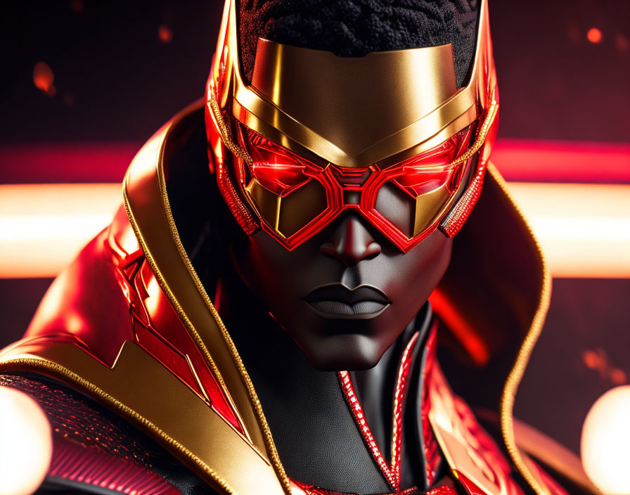 Futuristic black and gold costume with high-tech mask and red glowing eyes on red neon backdrop