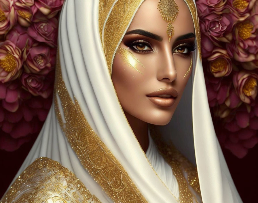 Woman with elegant makeup in white and gold hijab against pink flower backdrop