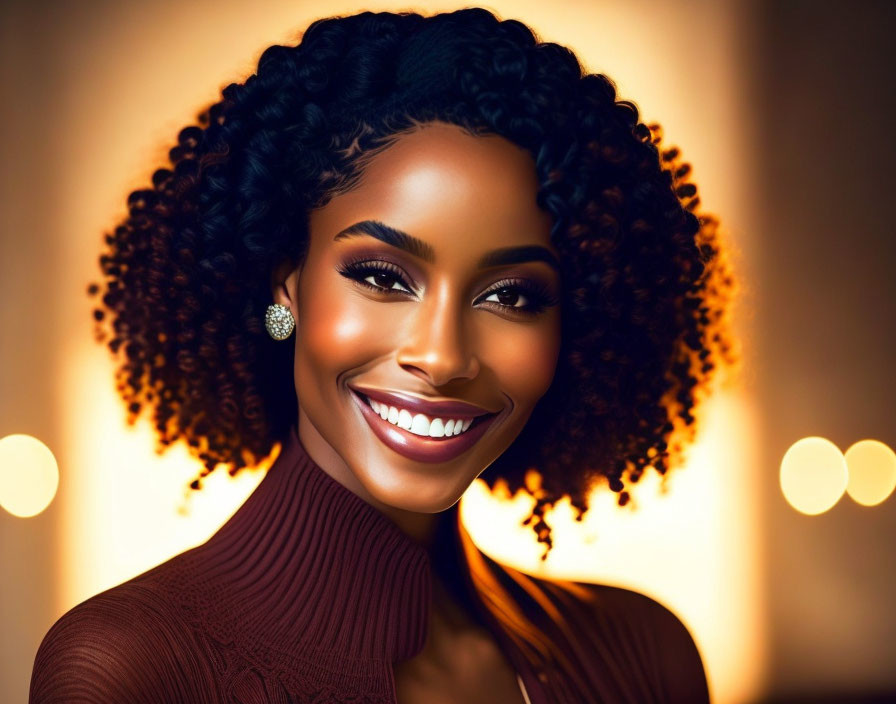 Smiling woman with defined makeup and curly hair in turtleneck and diamond earrings