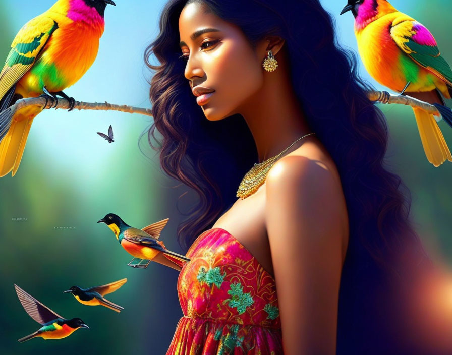 Woman with long hair surrounded by birds and nature in floral dress and earring under sunlight.