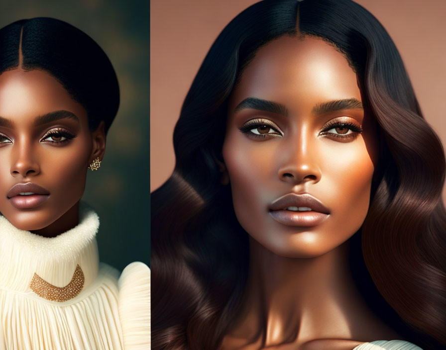 Split-image comparison of woman with smooth dark skin and wavy hair showcasing two makeup styles on warm backdrop