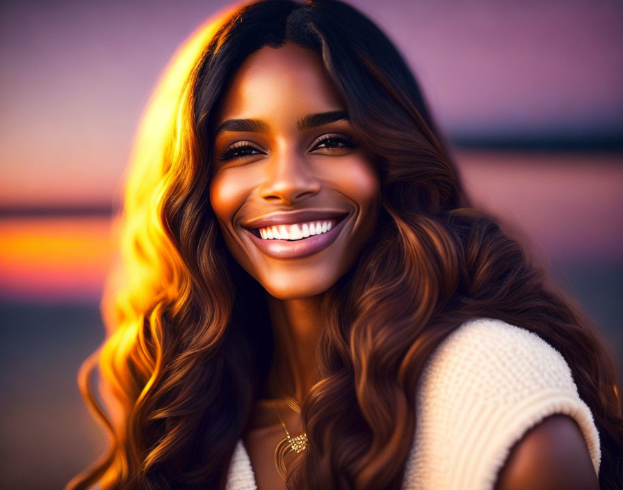 Smiling woman with long wavy hair in warm sunset light wearing white top