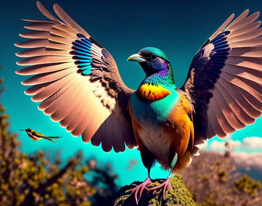 Colorful Bird Perched on Green Surface with Blue Sky and Flying Bird