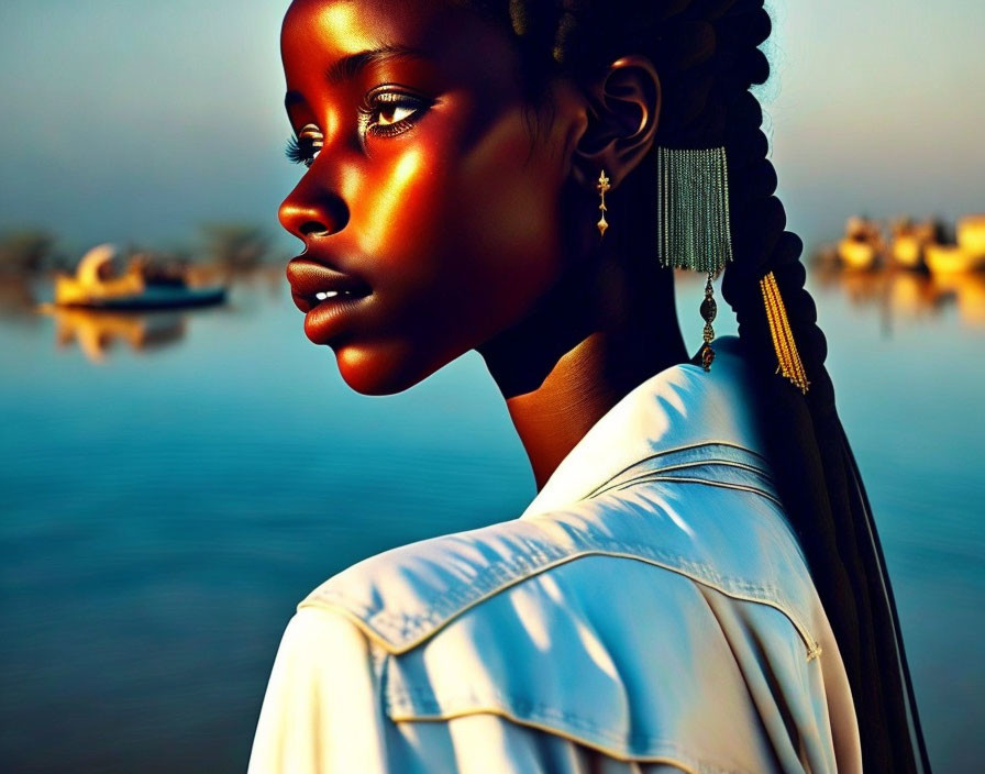 Portrait of woman with glowing skin, braided hair, earring, white blouse by serene water with