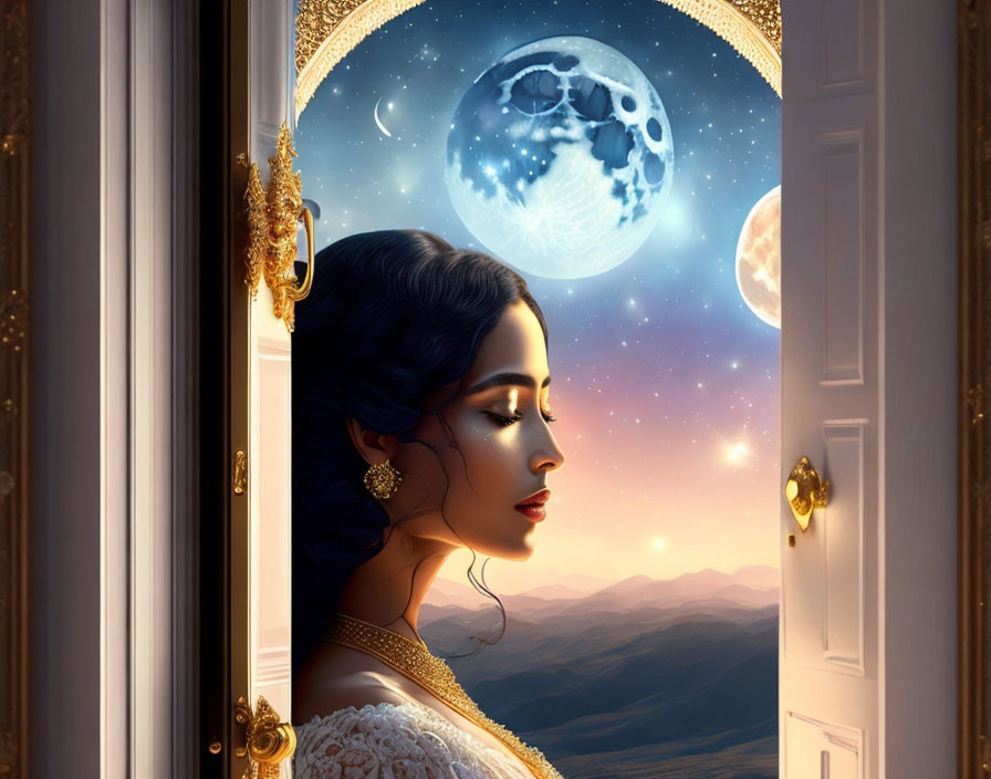 Elegant woman admiring night sky through grand doorway