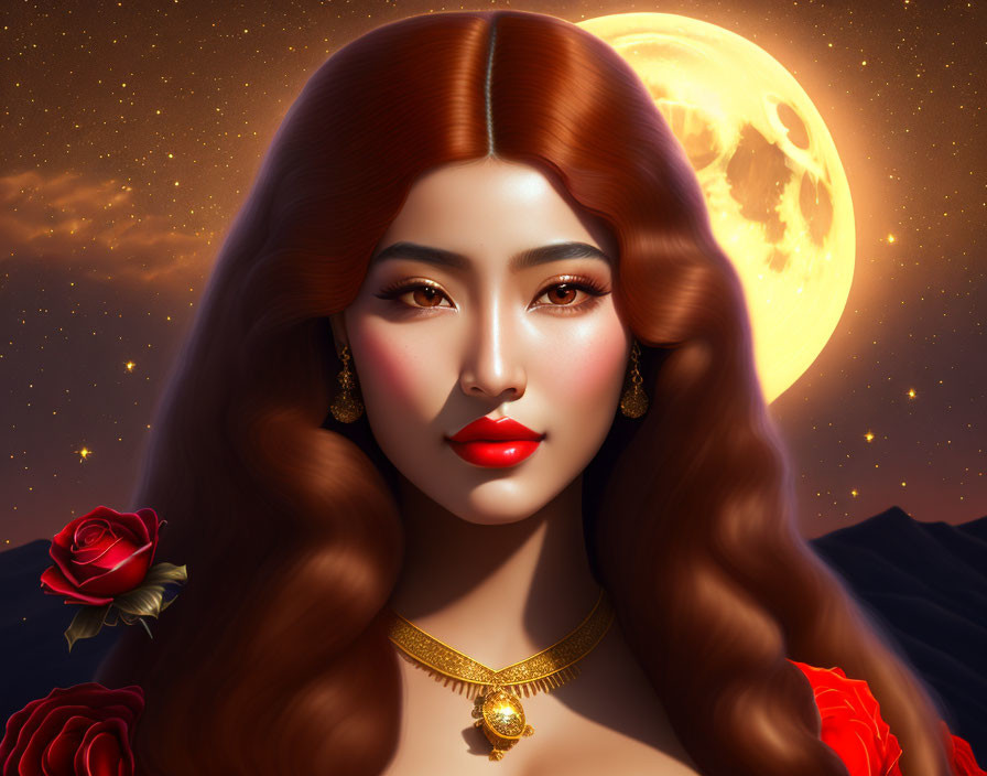 Illustrated portrait of woman with auburn hair, moon, roses, mountains under twilight sky