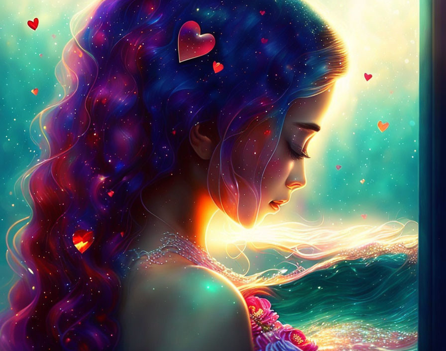 Digital artwork: Woman with galaxy-themed hair, stars, hearts, luminous sea, starry sky