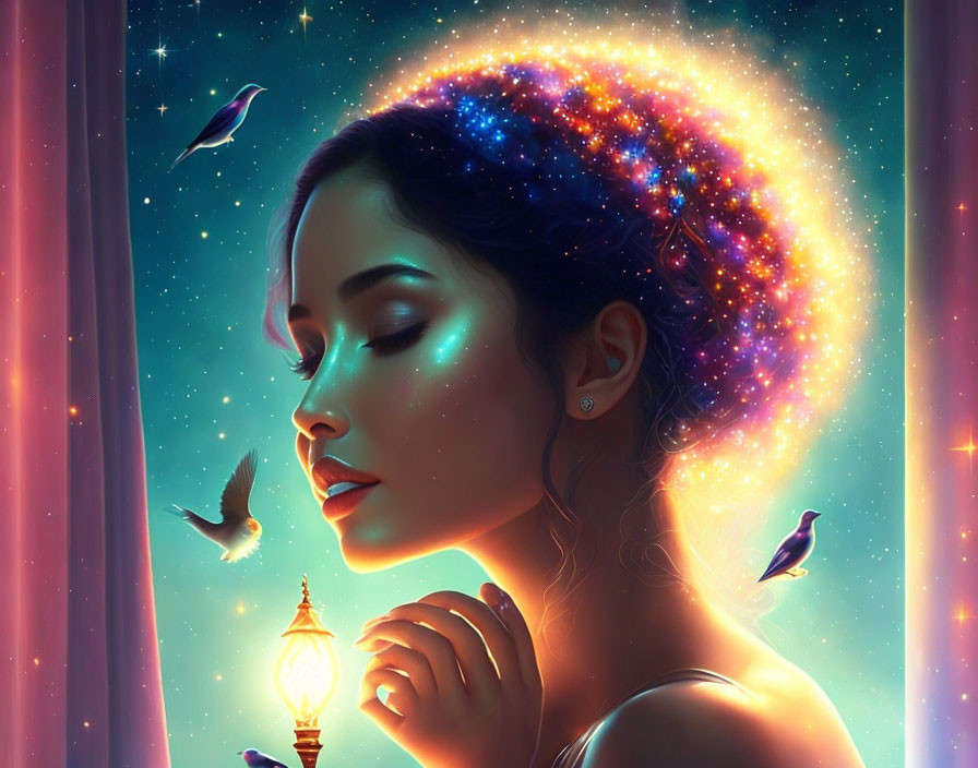 Woman with Galaxy-Themed Hairdo Surrounded by Birds and Stars in Cosmic Setting