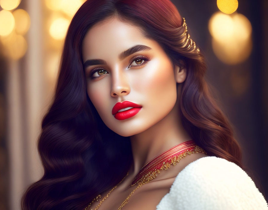 Portrait of woman with wavy hair, red lipstick, and golden accessory on blurred golden background