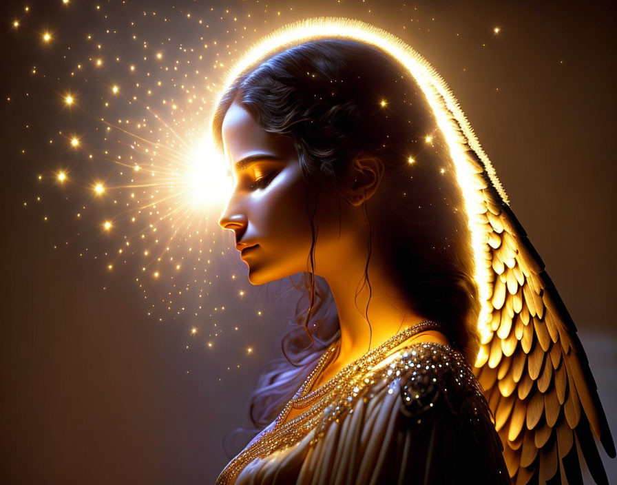 Profile view of an angelic figure with glowing wings and halo in soft golden light