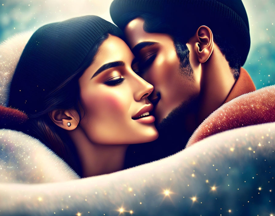 Illustrated romantic couple in intimate moment under cozy blanket