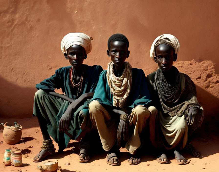 Three people in traditional attire near red clay wall with pots