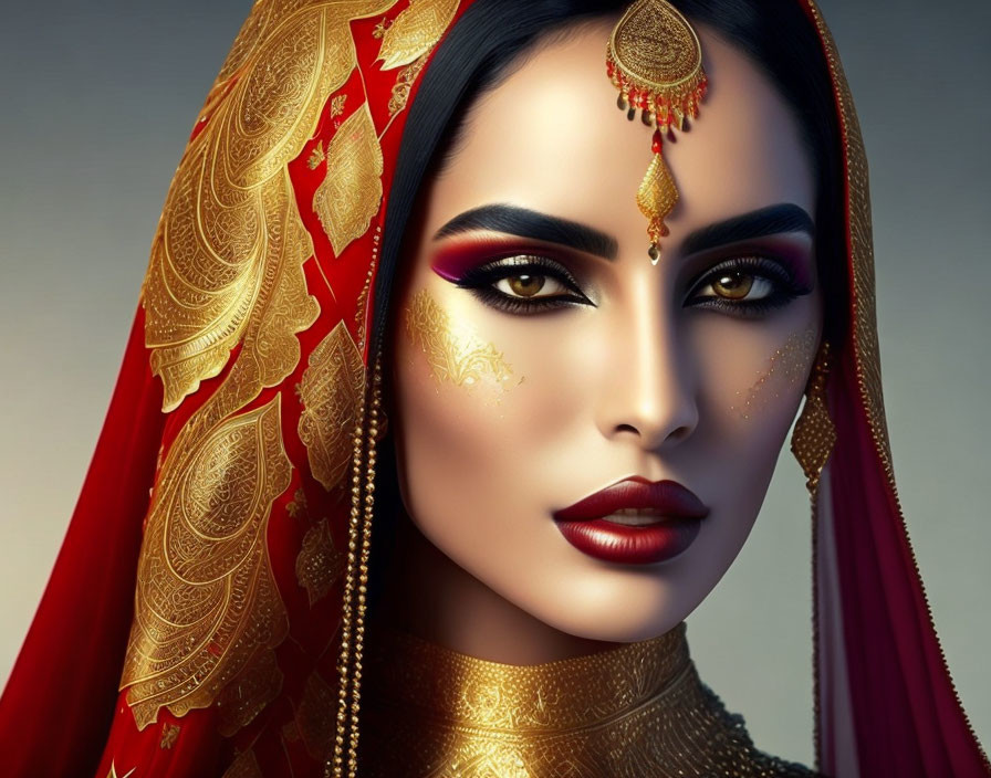 Woman with dramatic makeup and red-gold headscarf and jewelry