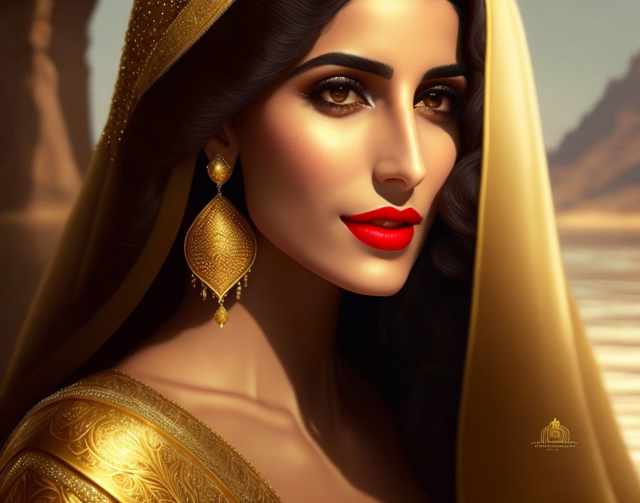 Digital artwork featuring woman in golden jewelry and sheer veil in desert.