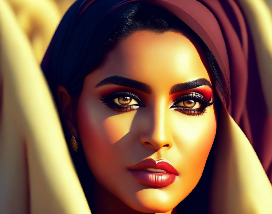 Detailed close-up of woman with bold makeup and headscarf on golden background