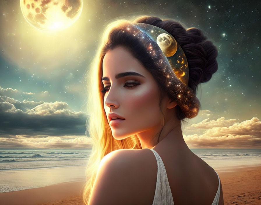 Digital Art: Woman with Galaxy Hair on Beach with Surreal Moon