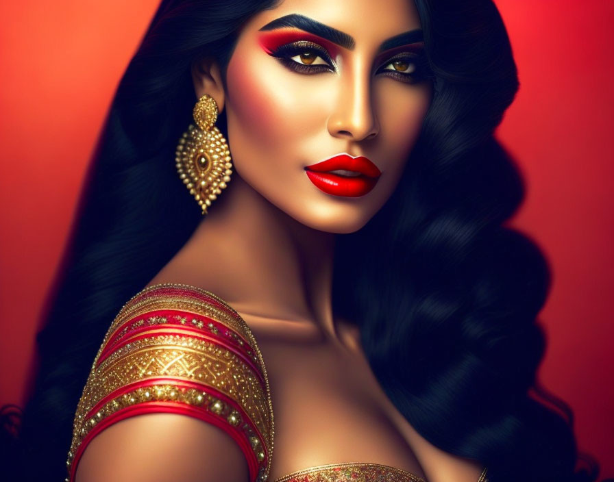 Woman in Bold Red Makeup and Traditional Attire on Red Background