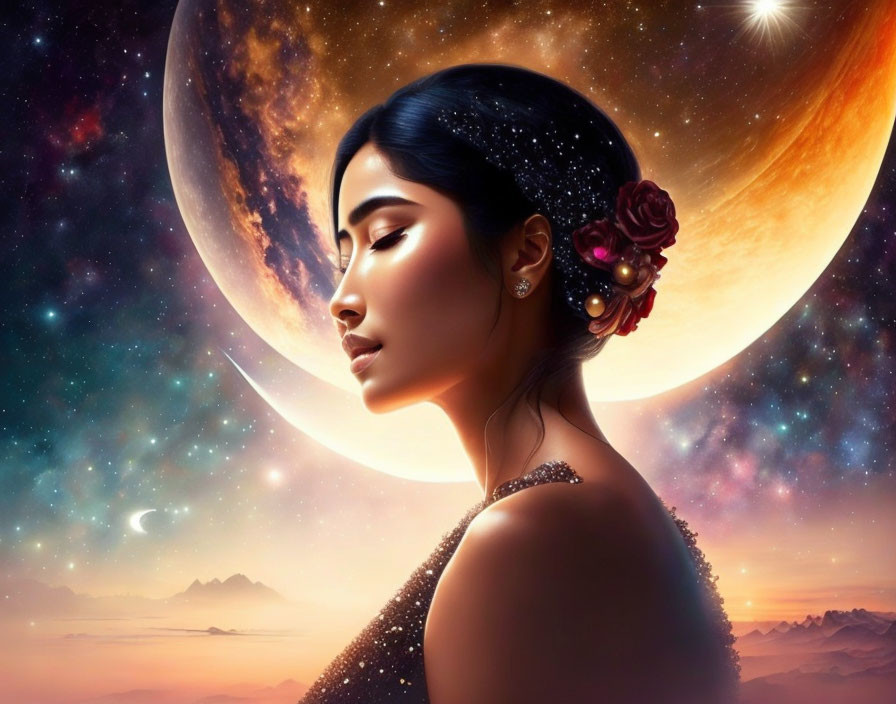 Cosmic-themed portrait of a woman with flowers, stars, planets, sunset, and mountains.