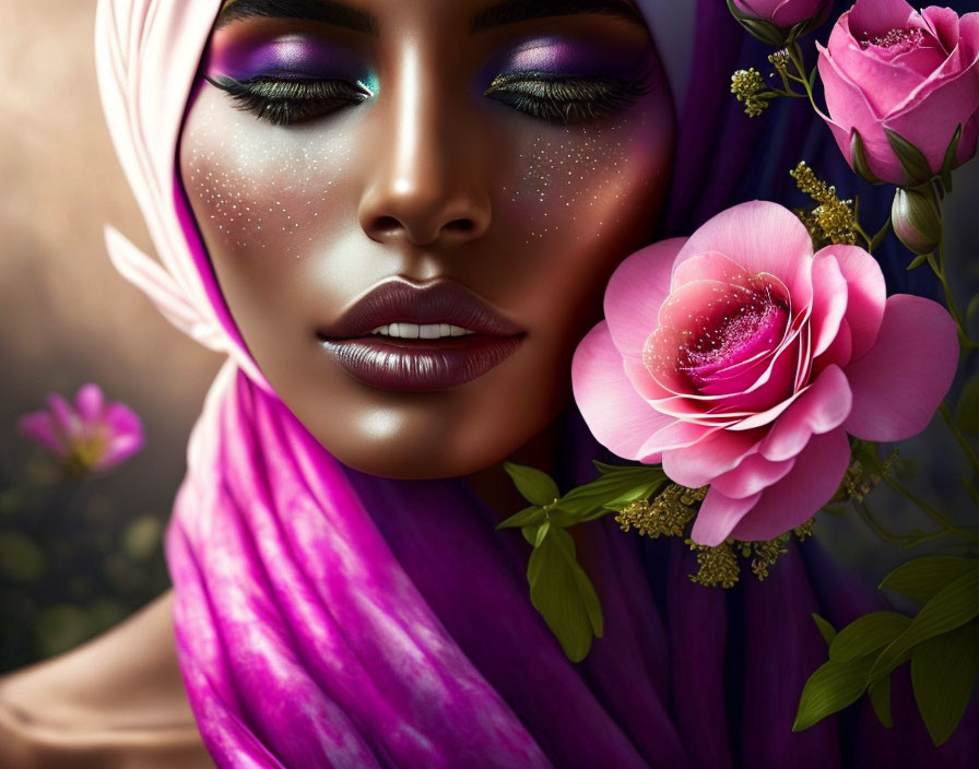 Woman with bold makeup and purple headscarf in floral setting