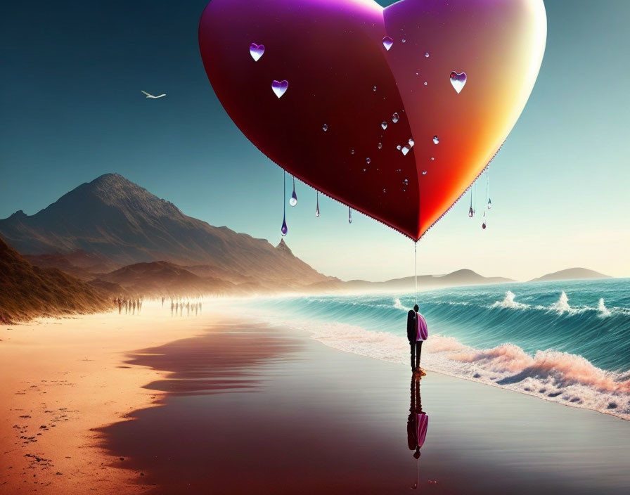 Person holding heart-shaped balloon on beach at sunset