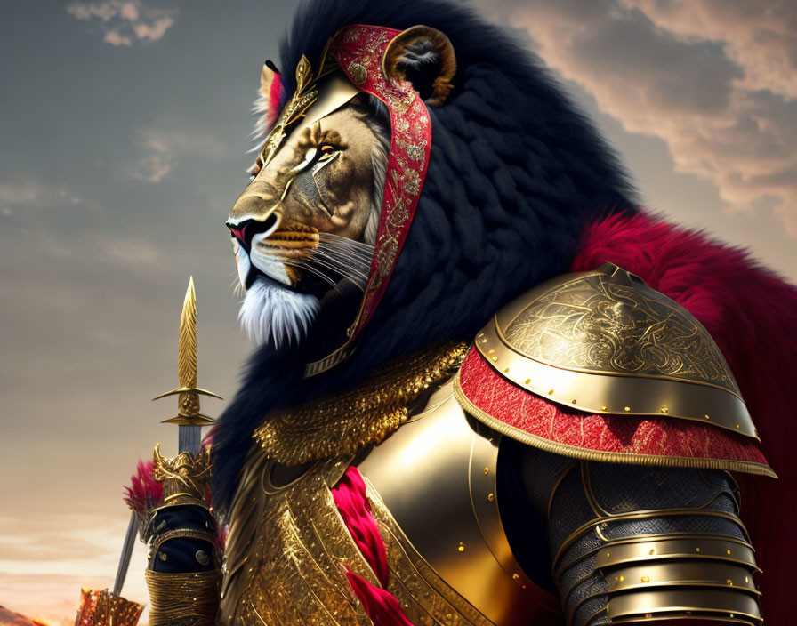 Majestic lion in golden armor and red cape under dramatic sky