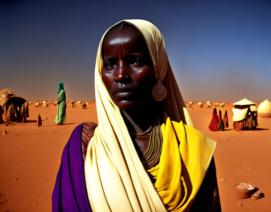 Colorfully dressed woman in desert landscape with others under blue sky