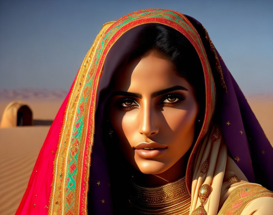 Woman in vibrant red and purple veil gazes intensely in desert scene