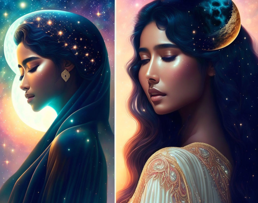 Celestial-themed woman diptych with vibrant cosmic backgrounds